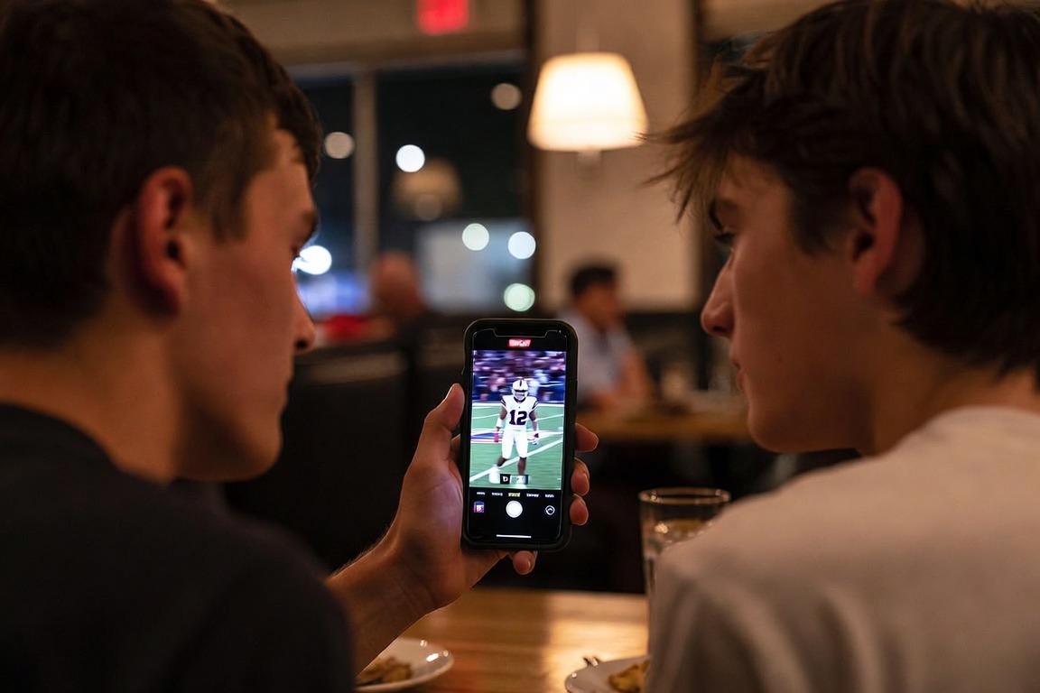 Two fans watching a football highlight on a phone at a restaurant